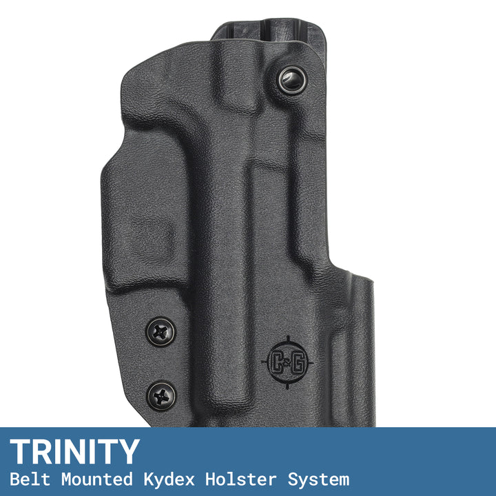 Black C&G TRINITY holster with molded contours and retention screws, above a “Belt Mounted Kydex Holster System” banner.
