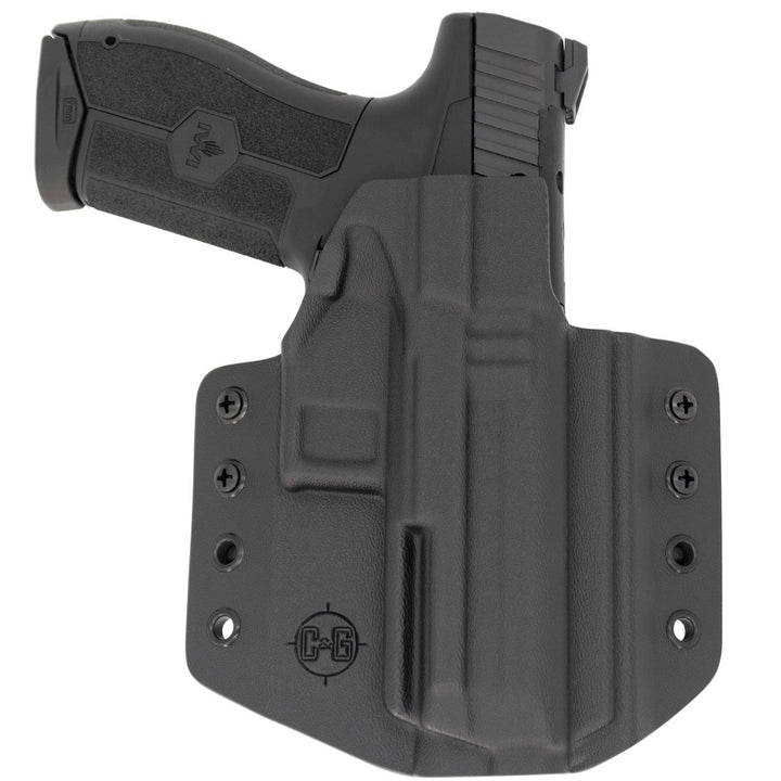 This is a C&G Holsters Covert Series Outside the waistband holster for an IWI Masada 9mm firearm showing the front with the pistol.