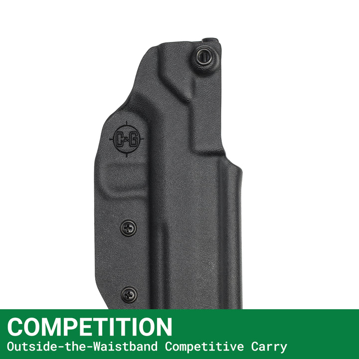 Black C&G COMPETITION Kydex holster with a green banner reading Outside-the-Waistband Competitive Carry.