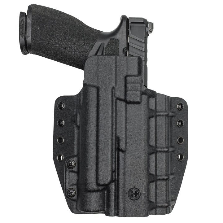 Right-hand C&G OWB TACTICAL holster holding a Springfield Echelon, front view with the grip pointing left and dual retention screws visible.