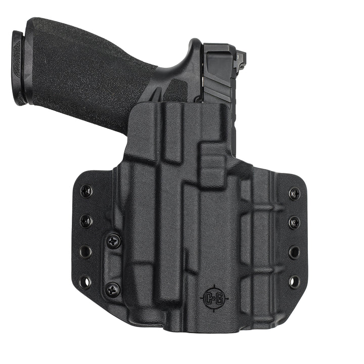 Right-hand C&G OWB TACTICAL holster holding a Springfield Echelon 4.0C, front view with the grip pointing left and retention screws visible.