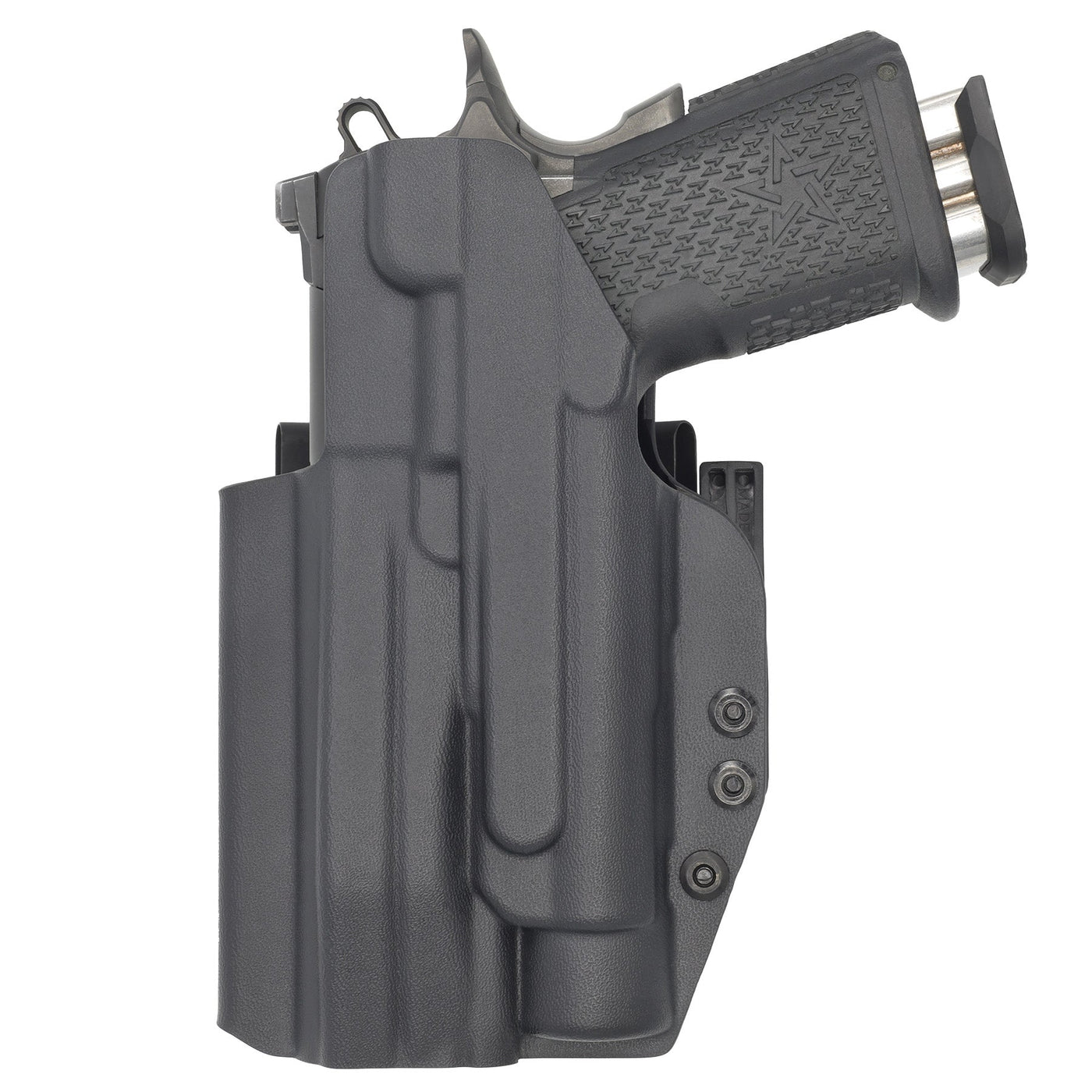 C&G holsters Quickship IWB ALPHA UPGRADE tactical 1911 DS Prodigy Streamlight TLR-1 in holstered position back view