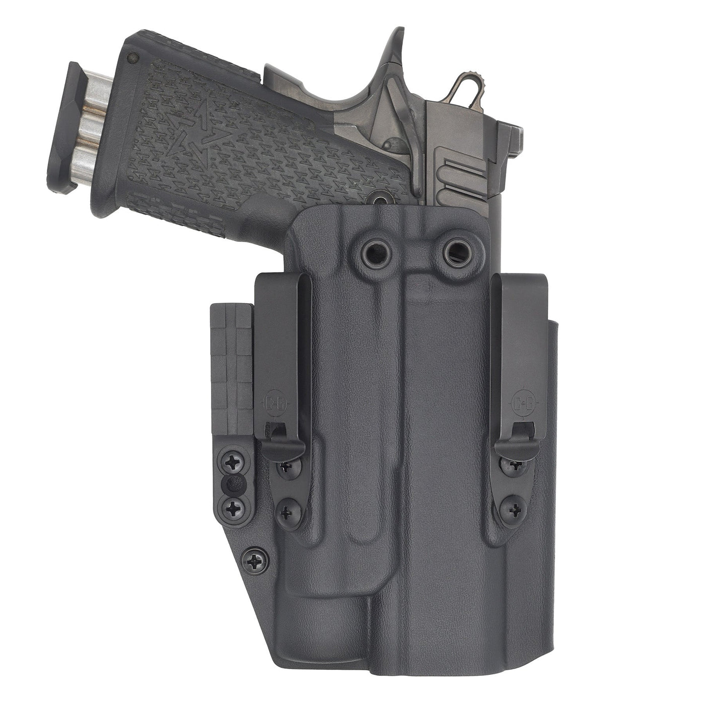 C&G holsters Quickship IWB ALPHA UPGRADE tactical 1911 DS Prodigy Streamlight TLR-1 in holstered position