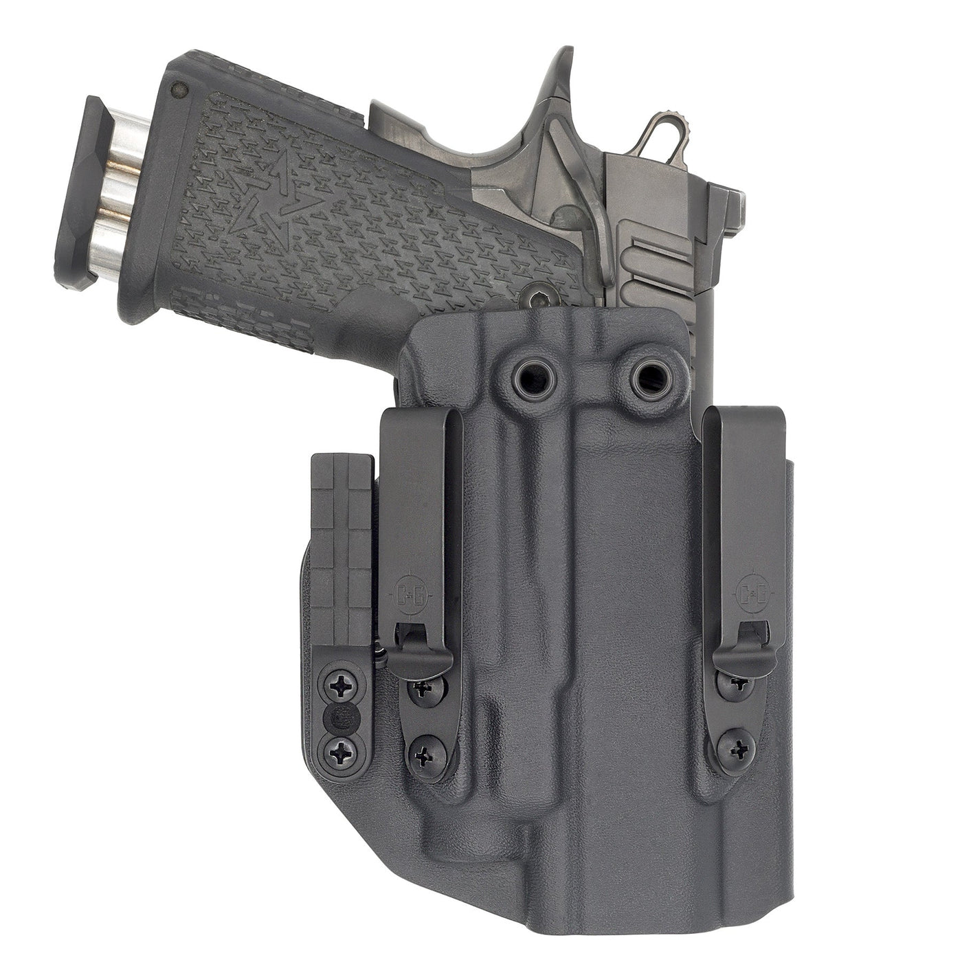 C&G Holsters Quickship IWB ALPHA UPGRADE Tactical 1911 DS Prodigy Streamlight TLR7/a in holstered position