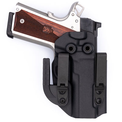 1911 3.5" IWB Covert Kydex Holster showing the ALPHA UPGRADE PACKAGE from the rear. You can see the twin Metal DCC clips and the Darkwing concealment wing. Firearm is in the holstered position