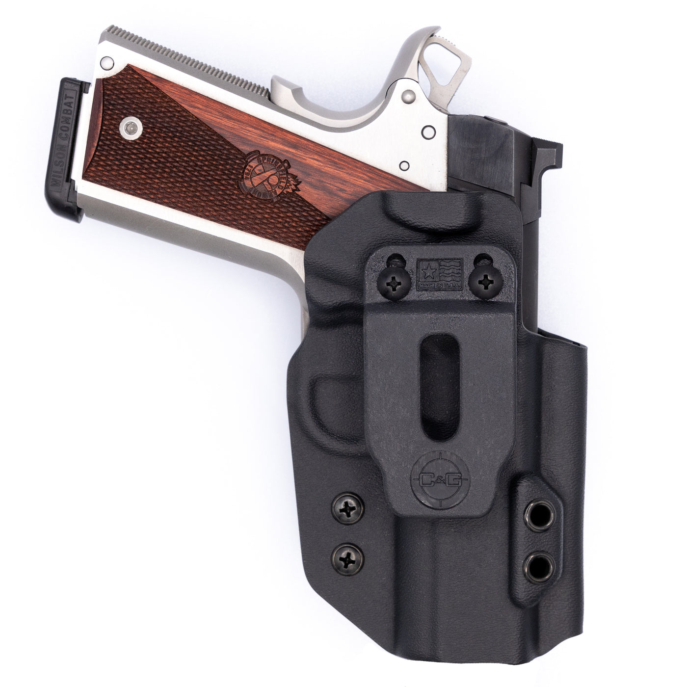 1911 3.5" IWB Covert Kydex Holster from the rear showing the branded belt clip with the firearm in the holstered position