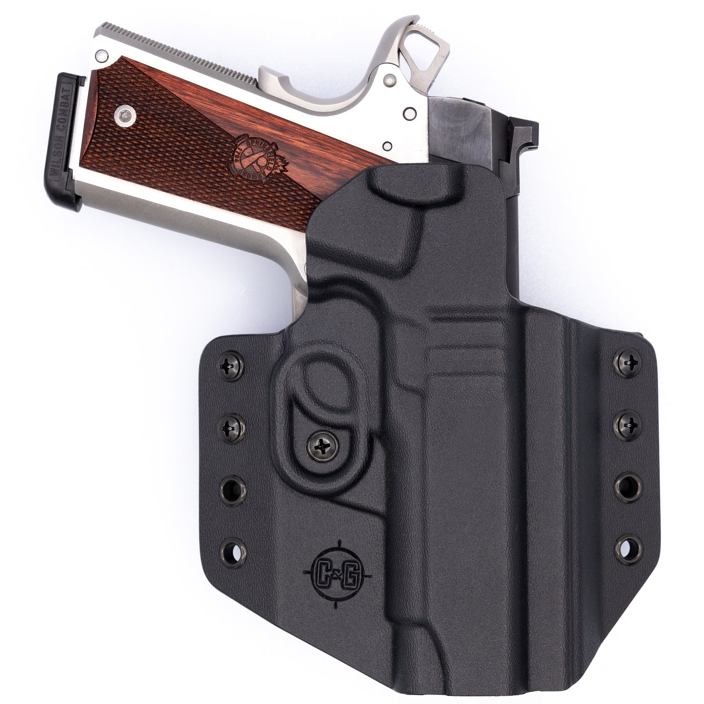 This is custom C&G Holsters OWB Outside the waistband Holster for the Kimber Pro Covert 1911.