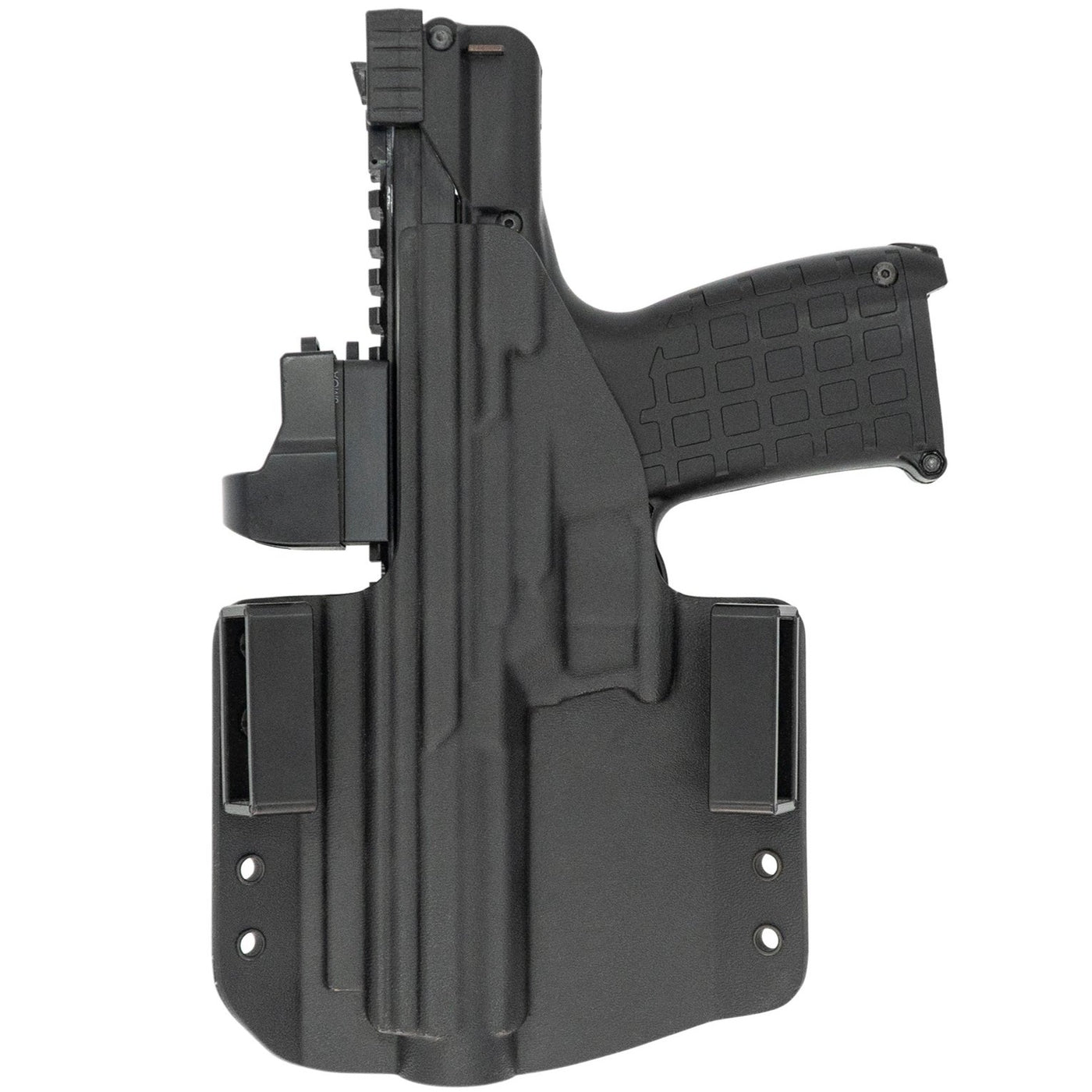 This is the C&G Holsters Kel-tec CP33 outside the waistband holster in right hand, black and with the rear view of the gun. 
