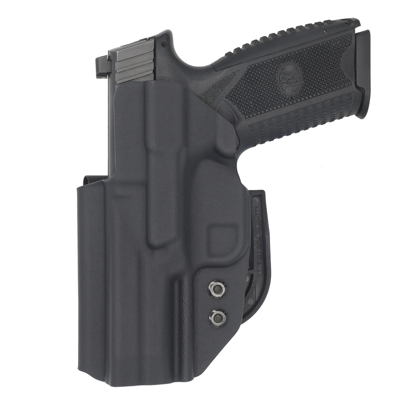 FN 509/t Tactical IWB ALPHA UPGRADE verison holster from the back showing the Darkwing attachment and the DCC metal clips. This is made by C and G Holsters out of Kydex. This images shows the FN509T in the holstered position