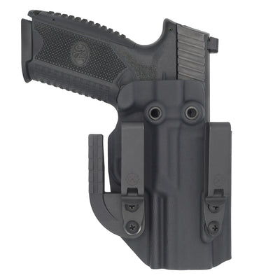 FN 509/t Tactical IWB ALPHA UPGRADE verison holster from the front showing the Darkwing attachment and the DCC metal clips. This is made by C and G Holsters out of Kydex. This images shows the FN509T in the holstered position