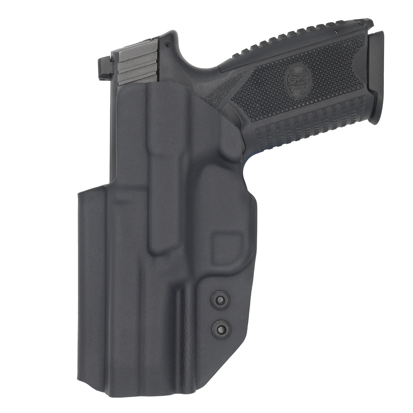 FN 509/t Tactual IWB holster from the backside showing the branded belt clip. This shows the FN509/t in the holstered position.