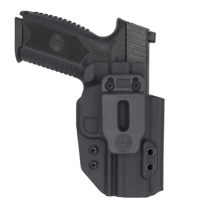 FN 509/t Tactical IWB holster from the front showing the branded belt clip . This is made my C and G Holsters out of Kydex