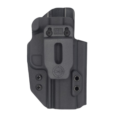 Kydex Holster made by C and G Holsters. front of the holster showing the branded Belt clip. For the FN509