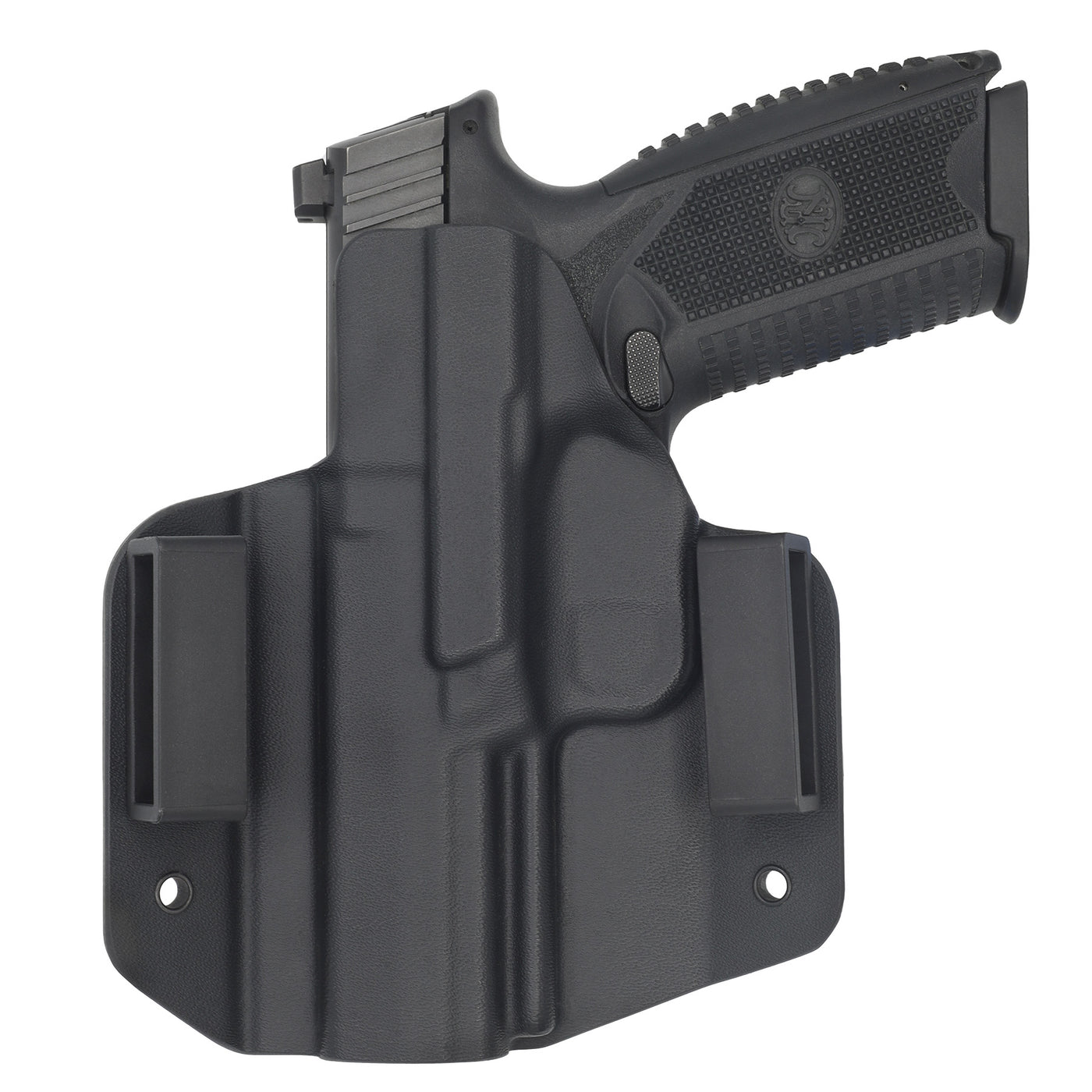 FN 509 OWB Covert Kydex Holster made by C and G Holsters. This is made for an Outside the waist band or OWB. Showing the back of the holster with Firearm in the Holstered position