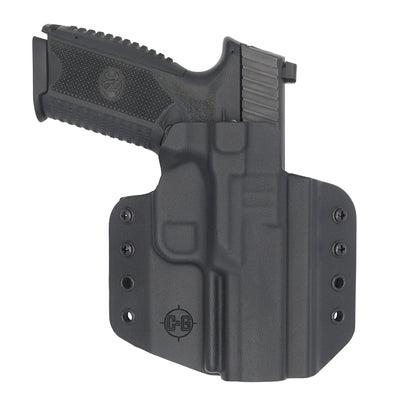 FN 509 OWB Covert Kydex Holster made by C and G Holsters. This is made for an Outside the waist band or OWB. Showing the front of the holster with Firearm in the Holstered position