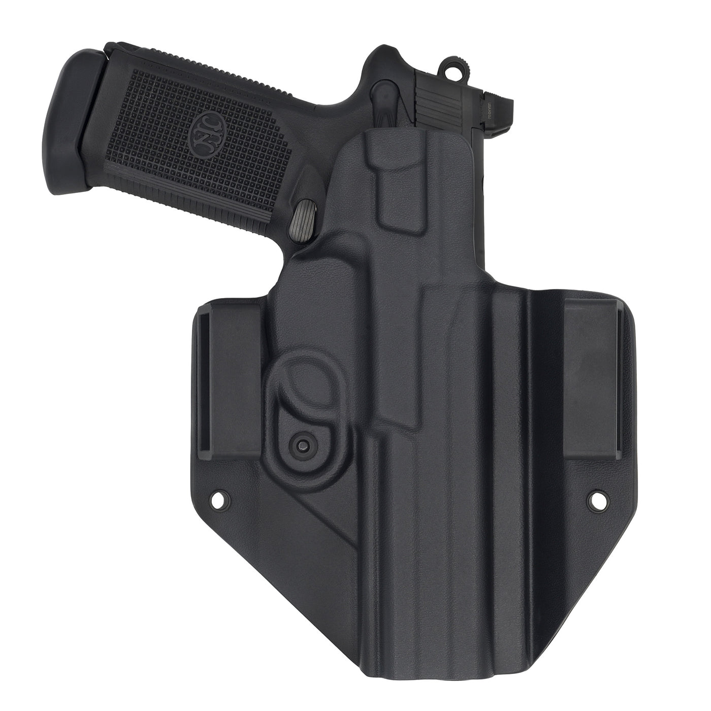 This is the rear of the C&G Holsters Left hand outside the waistband Covert series holster for the FNH FNX45T with the gun