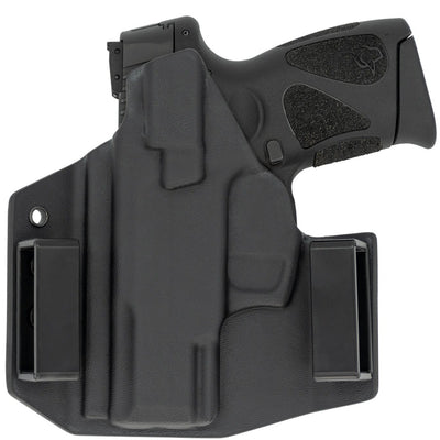 This is the C&G Holsters outside the waistband Covert series for the Taurus PT111 Millennium G2C in right hand, black and gun rear view.