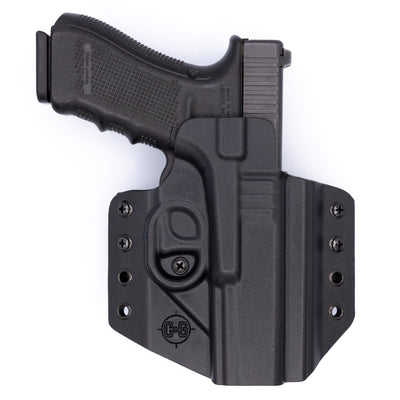 This is the rear of the C&G Holsters outside the waistband Covert series holster for the Glock 19 and 45 in right hand and black.