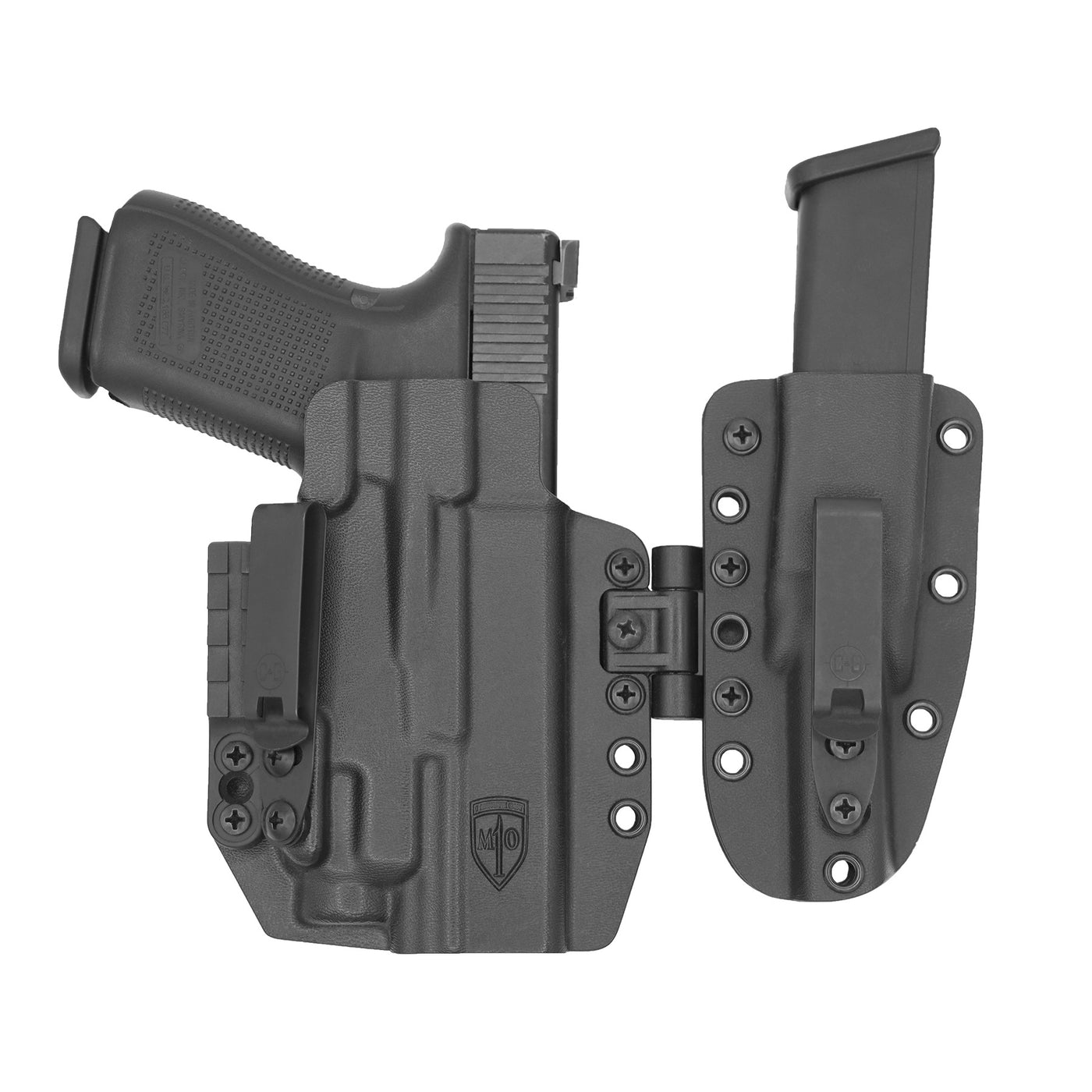 This is the 1 Minute Out and C&G Holsters MOD1 Modular Holster system (Sidecar), for a Glock 17 and 19 showing a front view with gun and mag holstered
