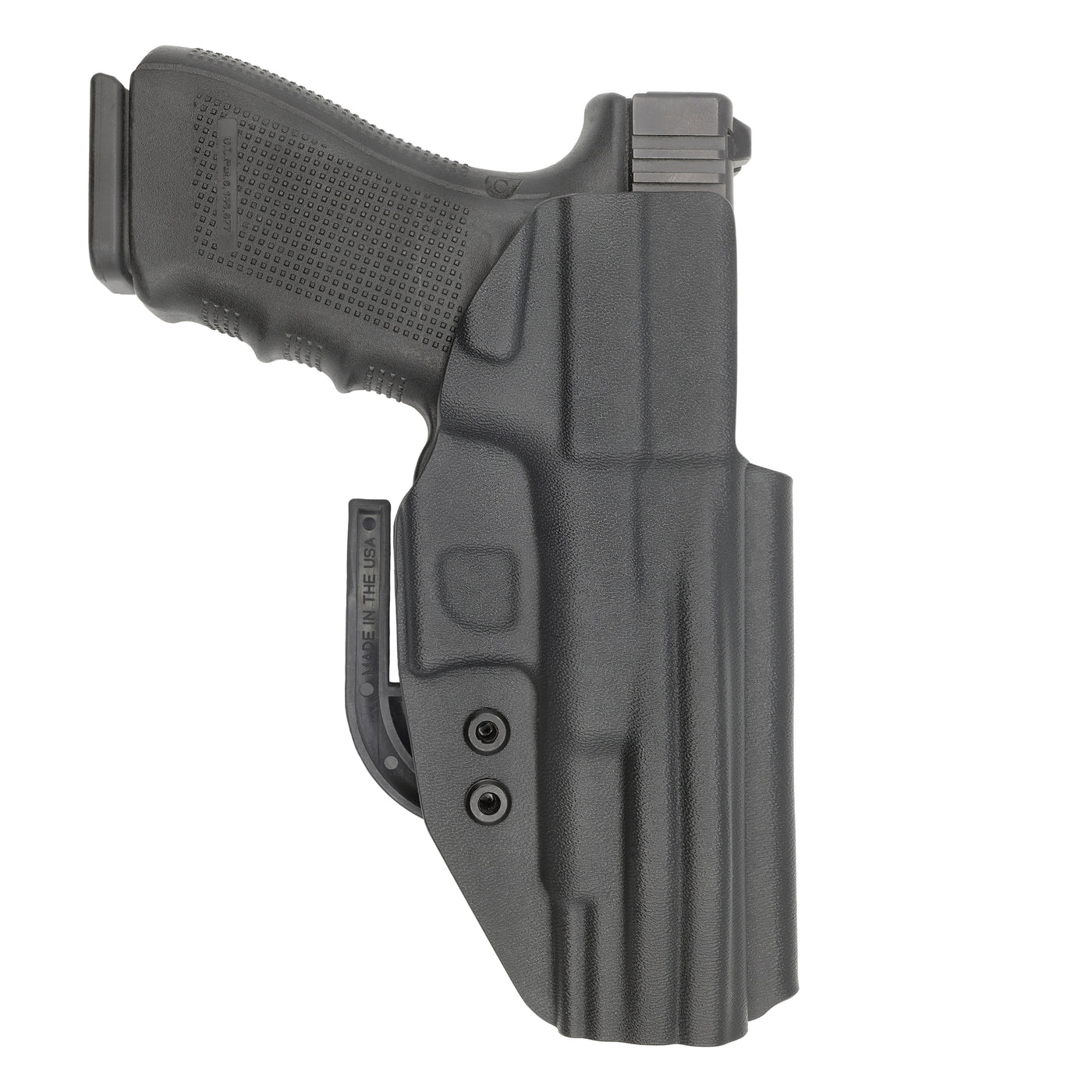 C&G Holsters custom IWB ALPHA UPGRADE covert Glock 20/21 in holstered position LEFT HAND back view