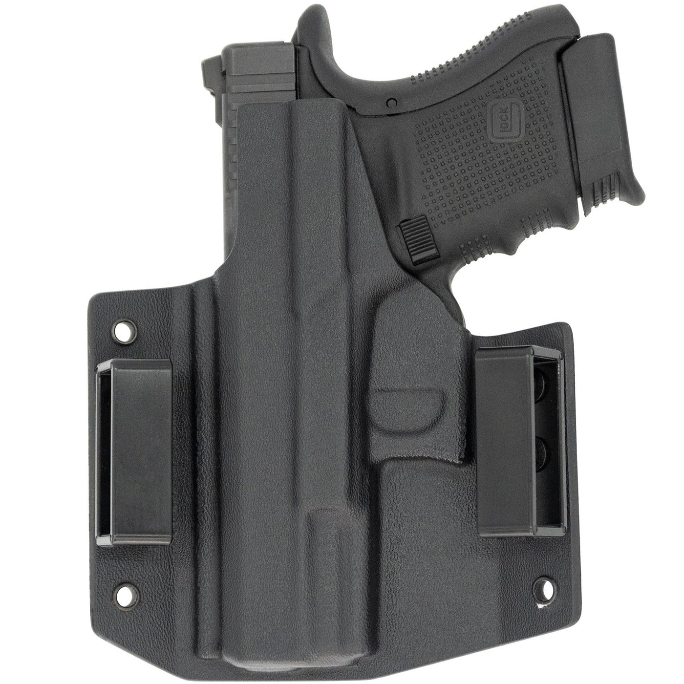 This is the C&G Holsters Covert series outside the waistband holster for the Glock 29, Glock 30 and Glock 30s in right hand black in color and a rear view of the gun. 