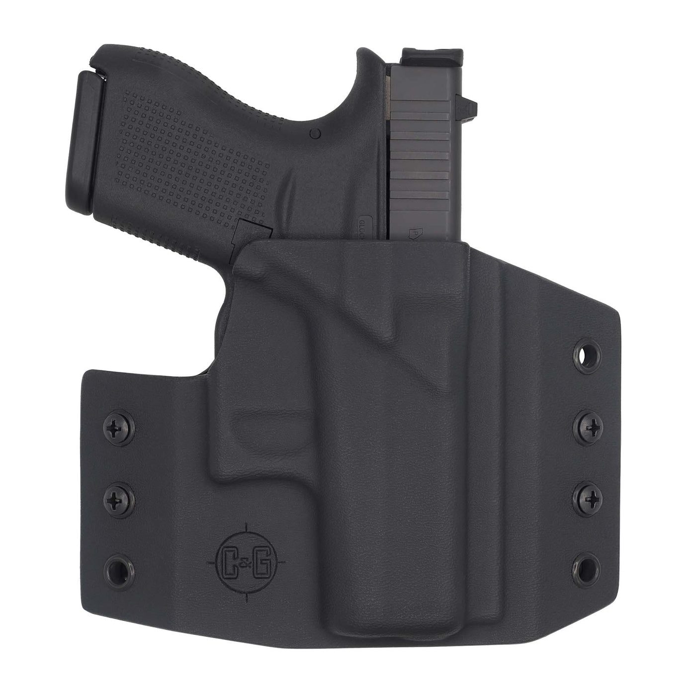 This is the custom C&G Holsters OWB Outside the waistband Holster for the Glock 42 holstered