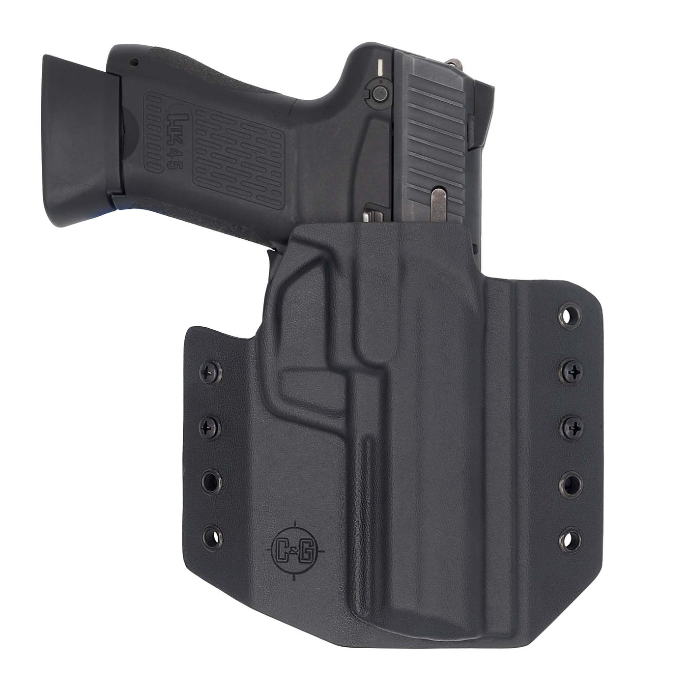 This is the front of a custom C&G Holsters OWB Outside the waistband Holster for the Heckler and Koch HK45.