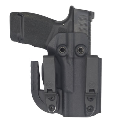 Springfield Hellcat IWB kydex holster made by C and G Holsters. This is the ALPHA UPGRADE PACKAGE Photo is of the front showing the branded metal DCC belt clips with the Hellcat in the holstered position