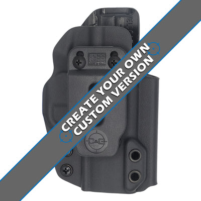 Springfield Hellcat IWB kydex holster made by C and G Holsters. This image has a banner overlay showing the create your custom holster option.