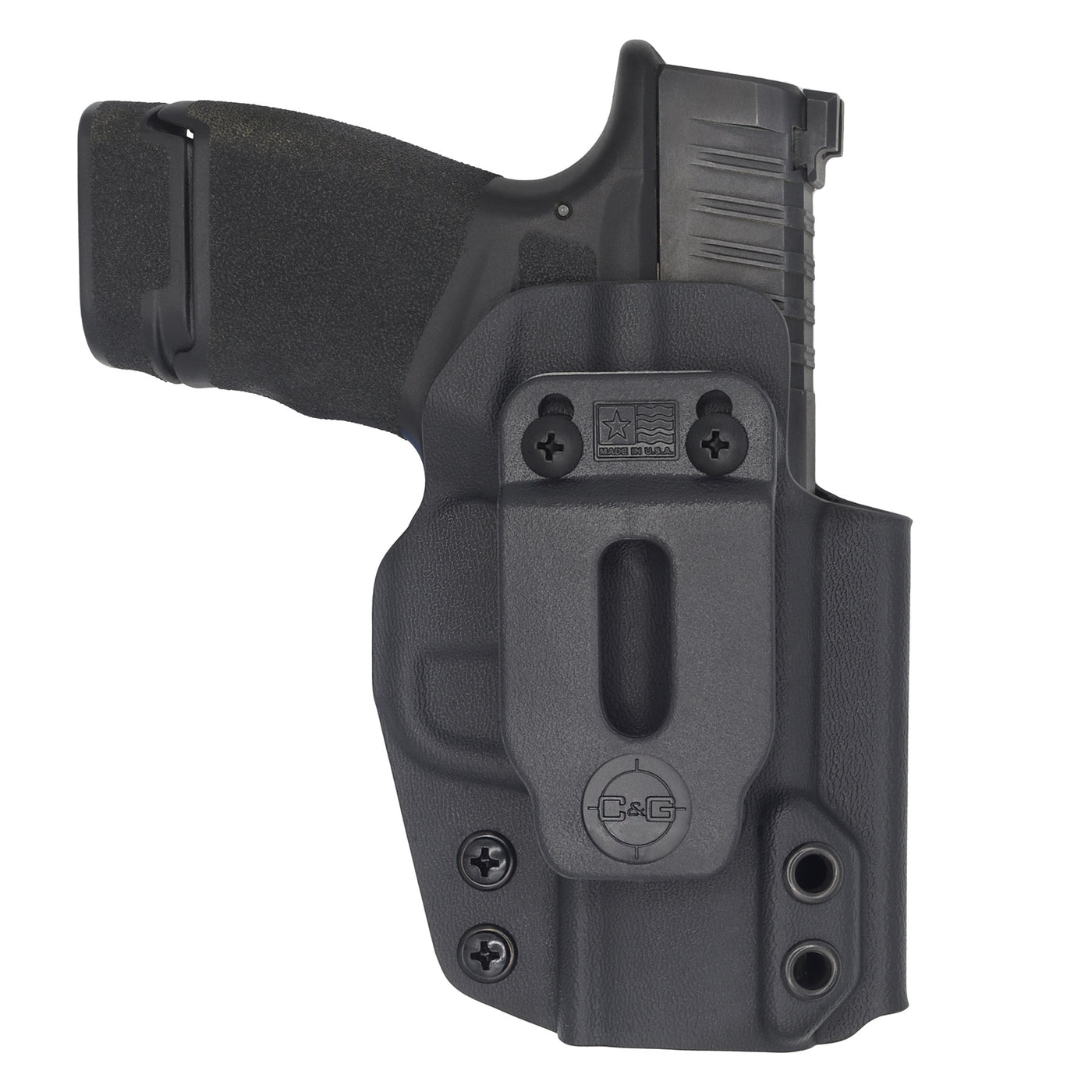Springfield Hellcat IWB kydex holster made by C and G Holsters. Photo is of the front showing the branded belt clip with the Hellcat in the holstered position