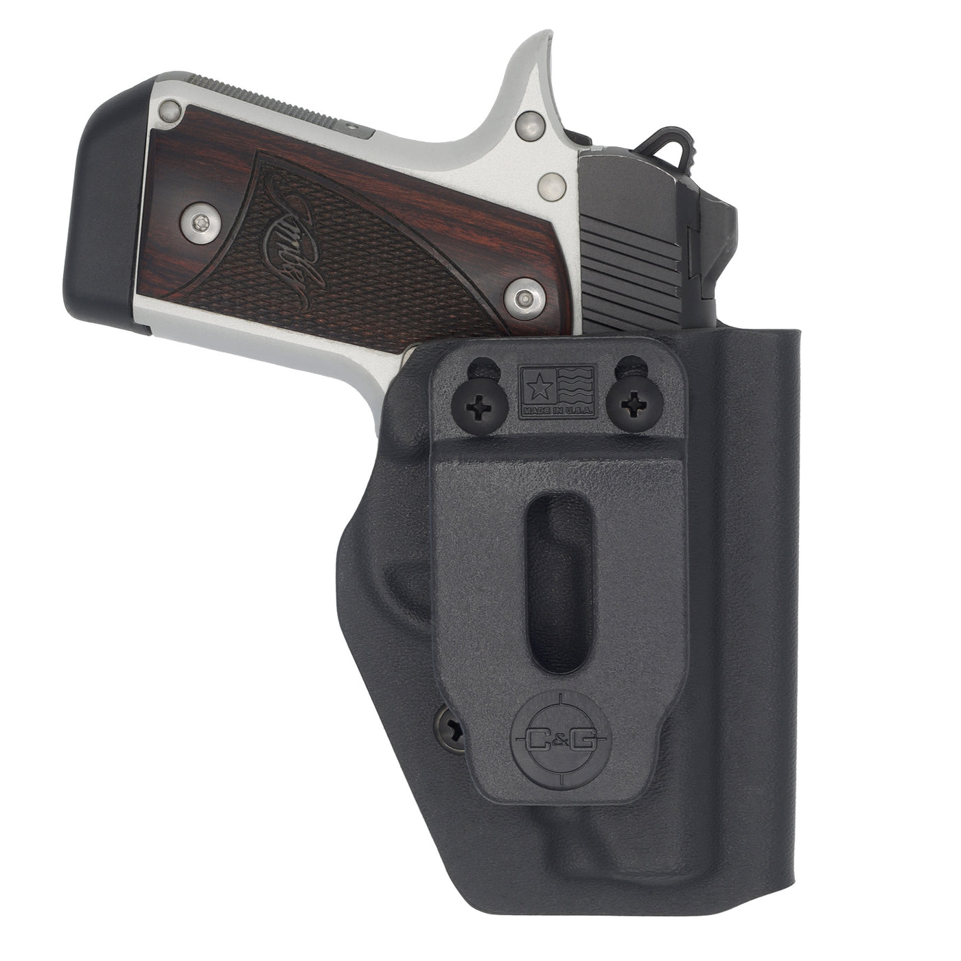 Shown is the front of a custom C&G Holsters Covert inside the waistband kydex holster for Kimber Micro 380.