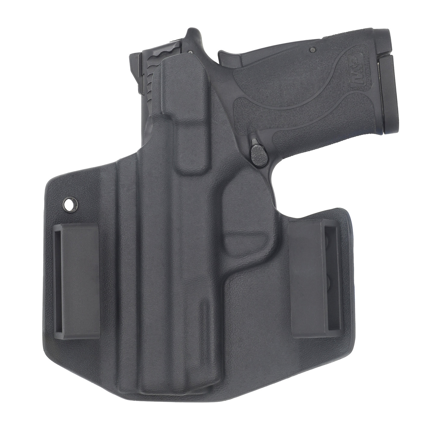This is a C&G Holsters Covert series Smith & Wesson M&P Shield 380EZ Outside the wasitband holster with the pistol showing a rear view.