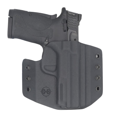 This is a C&G Holsters Covert series Smith & Wesson M&P Shield 380EZ Outside the wasitband holster with the pistol showing a front view.