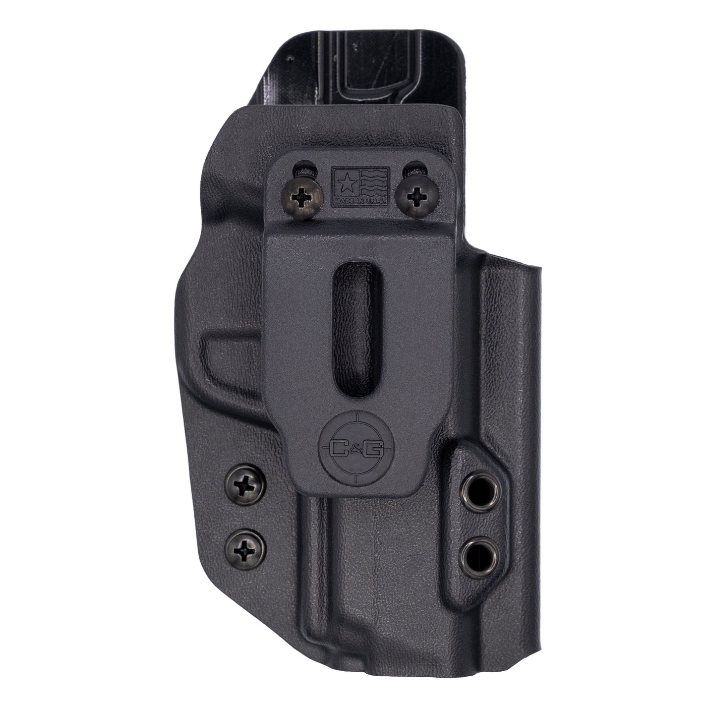 This is the custom C&G Holsters Covert series Inside the Waistband holster for the Smith & Wesson M&P Shield 9EZ without the firearm showing a front view.