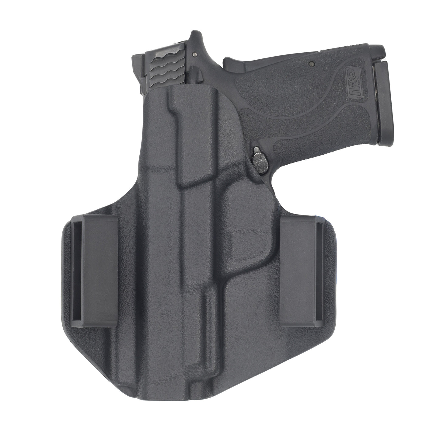 This is a C&G Holsters Covert series Outside the Waistband Smith & Wesson M&P Shield 9EZ with the firearm showing a rear view.