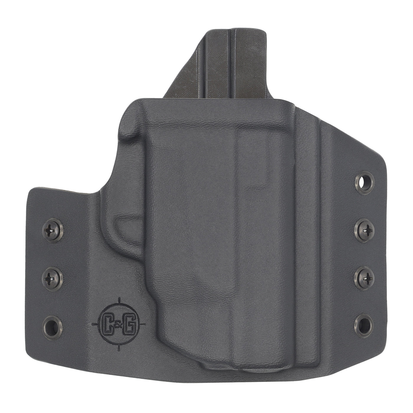 This is the custom C&G Holsters Covert series (OWB) outside the waistband Holster for the Smith & Wesson M&P Shield with crimson trace laser.