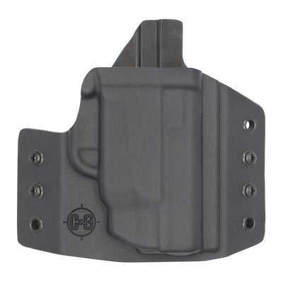 This is the custom C&G Holsters Covert series (OWB) outside the waistband Holster for the Smith & Wesson M&P Shield with crimson trace laser.