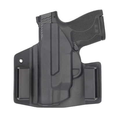 This is the custom C&G Holsters Covert series (OWB) outside the waistband Holster for the Smith & Wesson M&P Shield with crimson trace laser in holstered position rear view