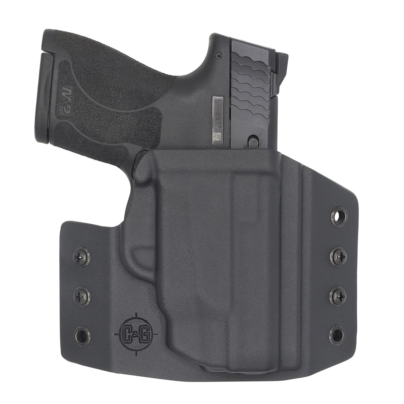 This is the custom C&G Holsters Covert series (OWB) outside the waistband Holster for the Smith & Wesson M&P Shield with crimson trace laser in holstered position