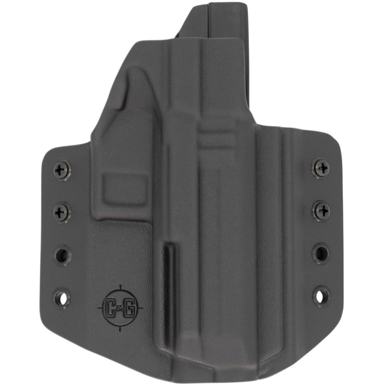 This is a C&G Holsters Covert Series Outside the waistband holster for an IWI Masada 9mm firearm showing the front without the gun. 