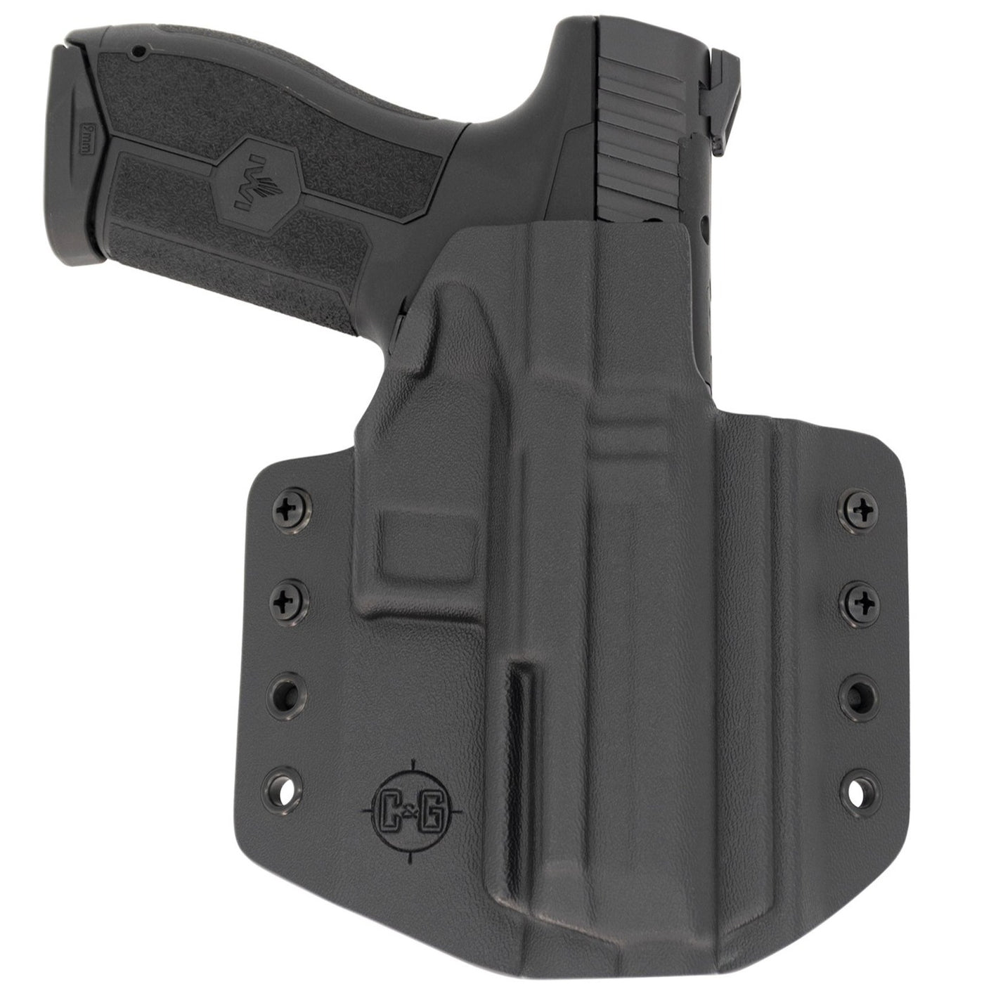 This is a C&G Holsters Covert Series Outside the waistband holster for an IWI Masada 9mm firearm showing the front with the pistol. 