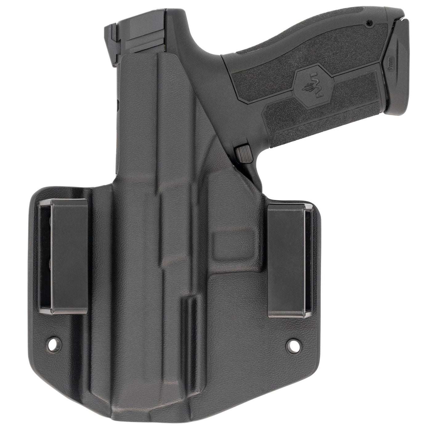 This is a C&G Holsters Covert Series Outside the waistband holster for an IWI Masada 9mm firearm showing the rear with the gun. 