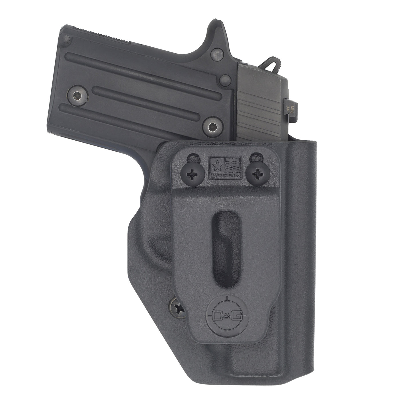 C&G Holsters quick ship Covert IWB kydex holster for Sig P238 in black front view with gun