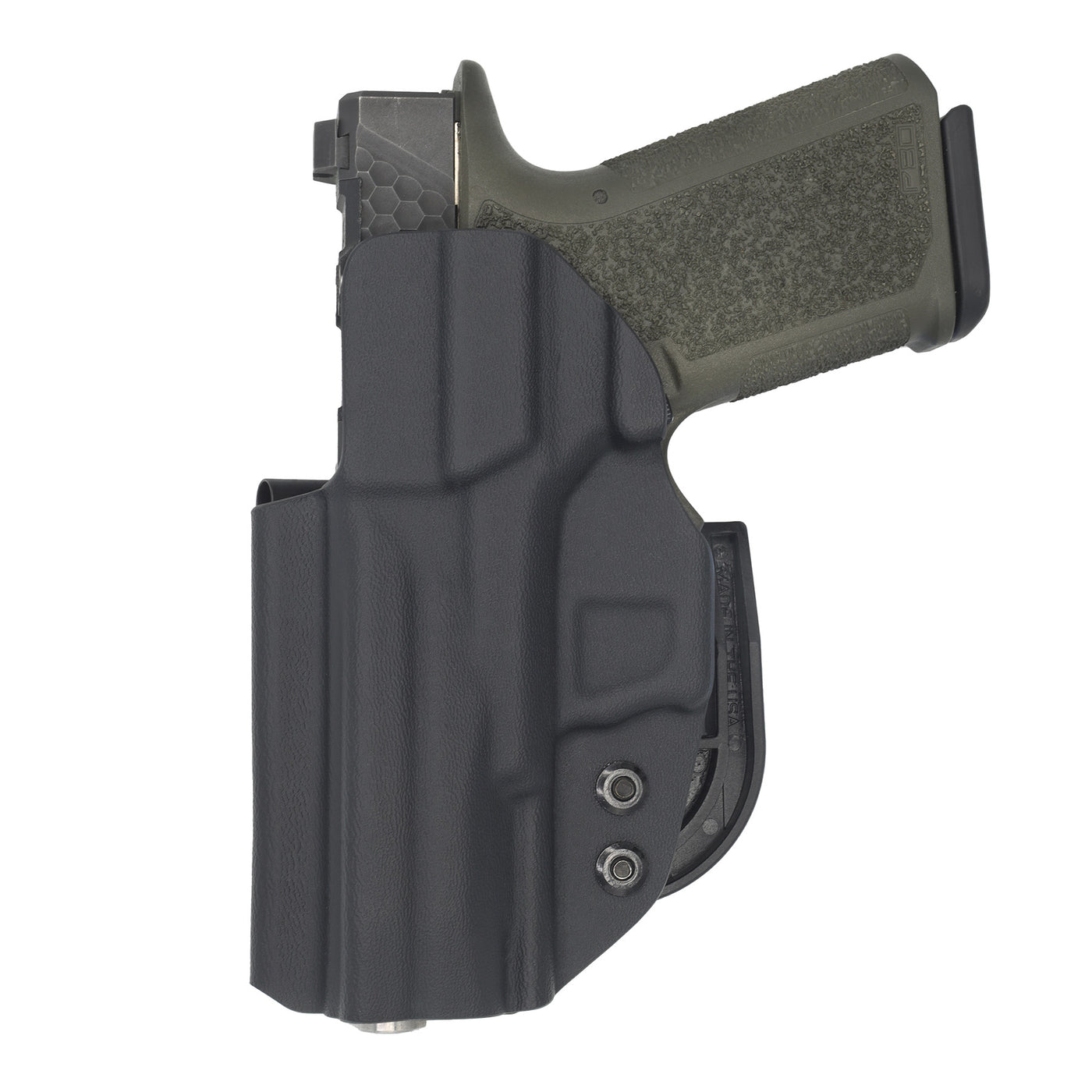 This is the back of the Alpha upgrade C&G Holsters Polymer 80 PF940c Inside the waistband (IWB) Kydex holster using the darkwing claw and Discreet Carry Concepts MOD4 shorty clips.