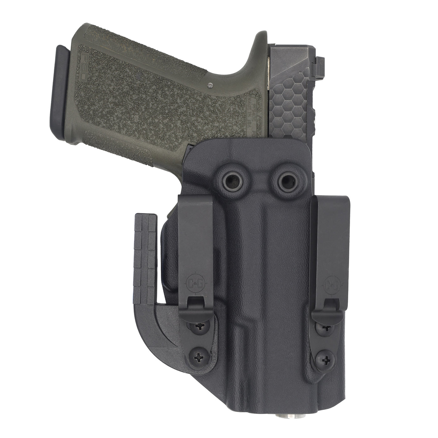 This is the front of the Alpha upgrade C&G Holsters Polymer 80 PF940c Inside the waistband (IWB) Kydex holster using the darkwing claw and Discreet Carry Concepts MOD4 shorty clips.