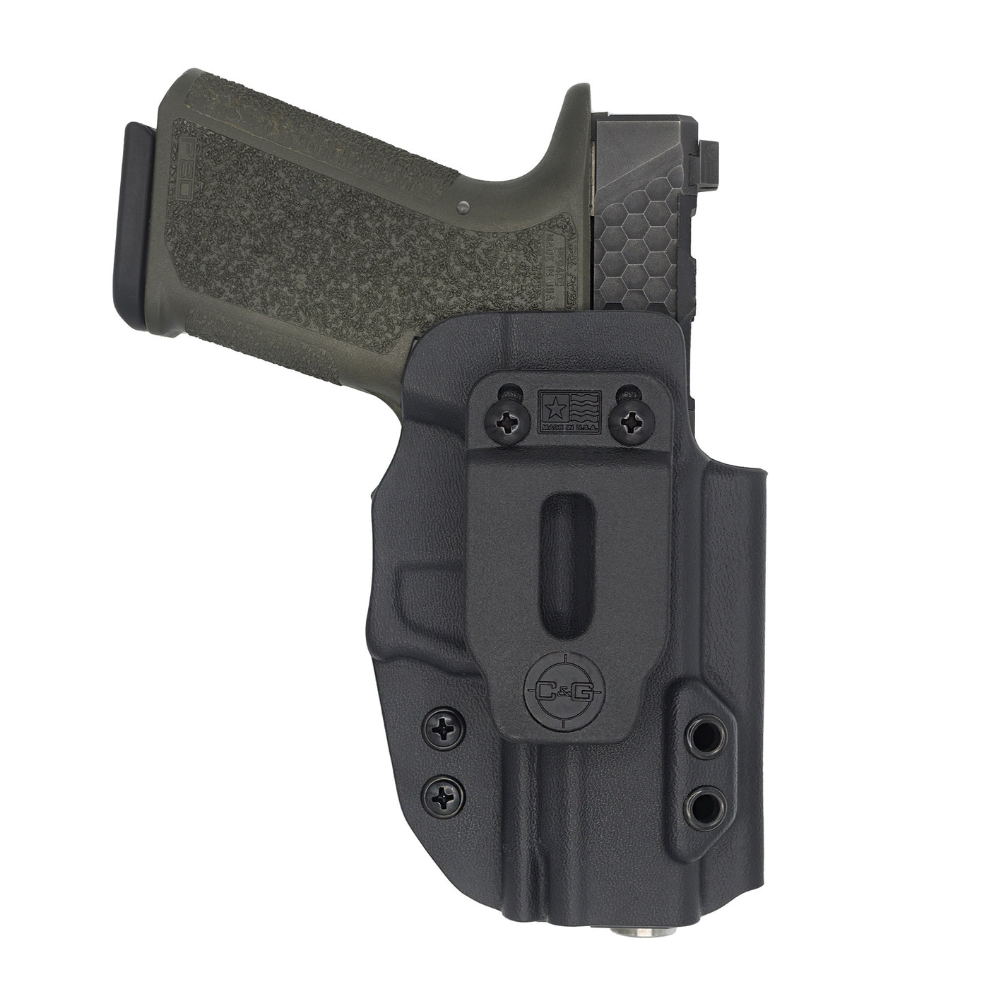 Shown is the custom C&G Holsters inside the waistband holster for the Poly80 PF940c. in holstered position