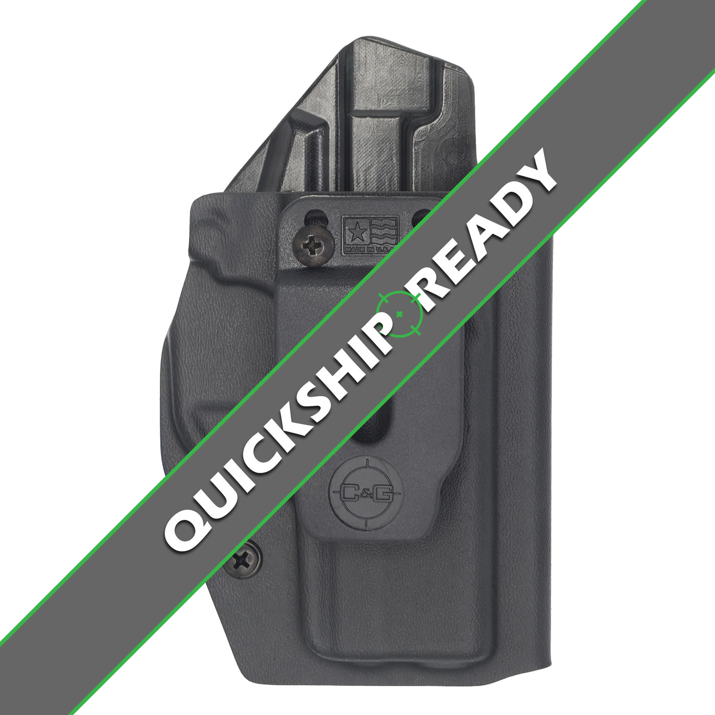 Springfield XD-E IWB Covert Kydex Holster Made by C and G Holsters. This Image is of the front of the holster showing a quickship banner.