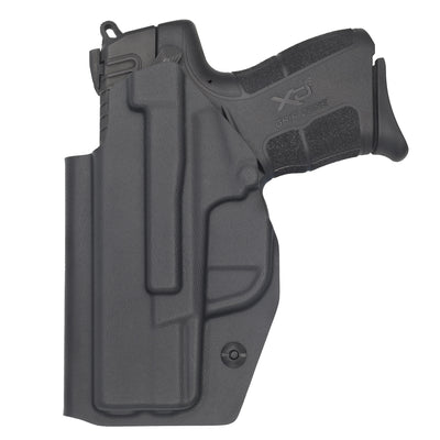 Springfield XD-E IWB Covert Kydex Holster Made by C and G Holsters. This Image is from the back of the holster showing the tall sight channel. The Springfield XDE firearm is in the holstered position.