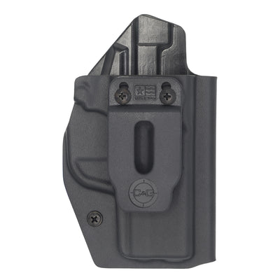 Springfield XD-E IWB Covert Kydex Holster Made by C and G Holsters. This Image is of the front of the holster showing the Branded belt clip.