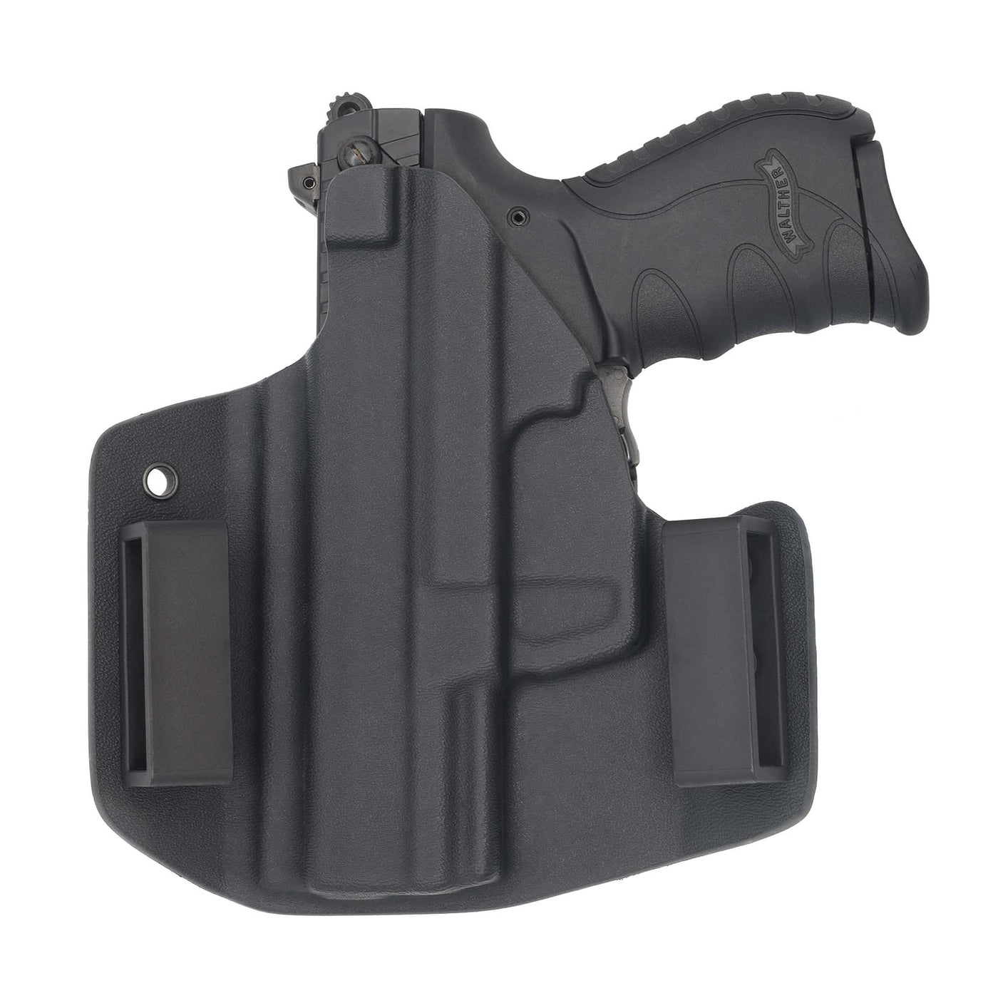 This is a C&G Holsters Covert series outside the waistband for the Walther PK380 (rear view) in right hand holstered.